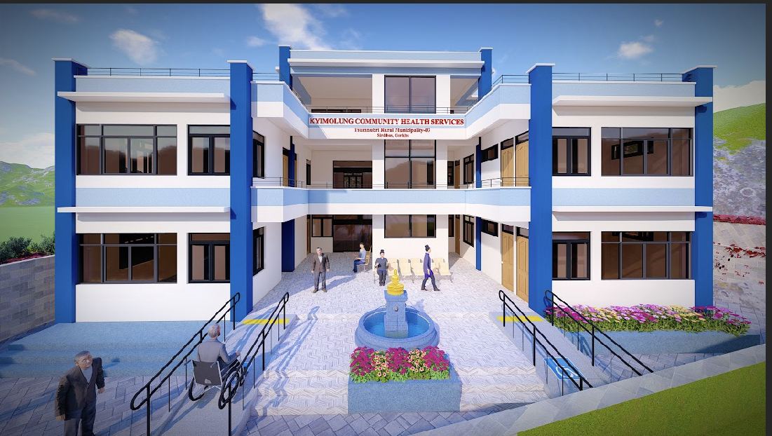 Architect&rsquo;s rendering of the planned Kyimolung Community Health & Wellness Center, a two-storey building with a courtyard